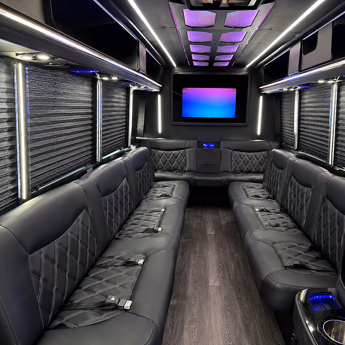 Interior of a party bus rental serving Lexington